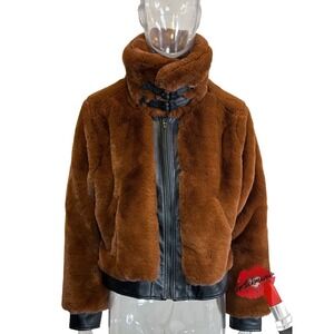BLANKNYC Faux Fur Leather Jacket Women Medium Brown Black Soft Moto Edgy